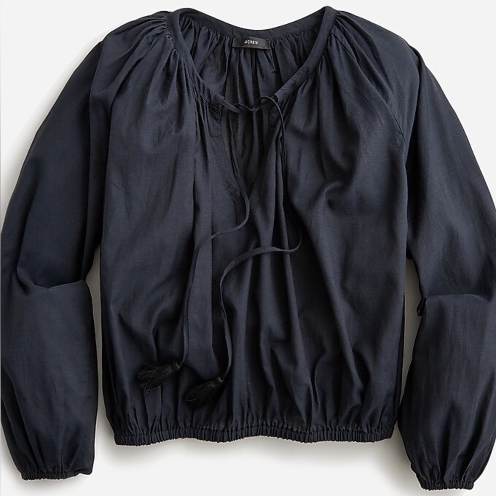 J. CREW cotton blouse long sleeve Tassels splice tie-front cropped top black